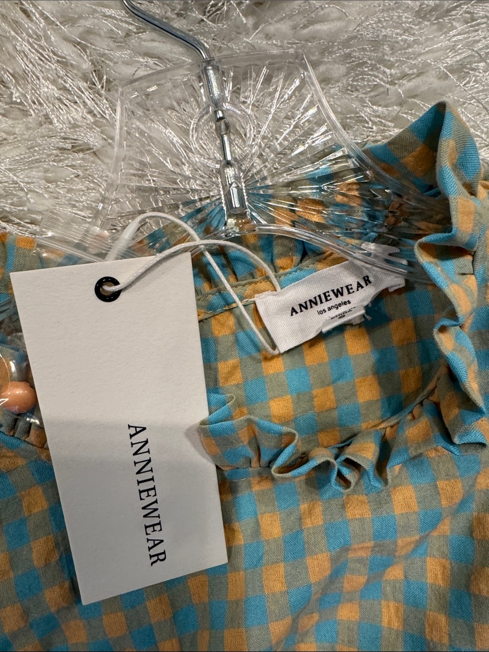 ANNIEWEAR teal and Mustard Check Puff Sleeve Blouse